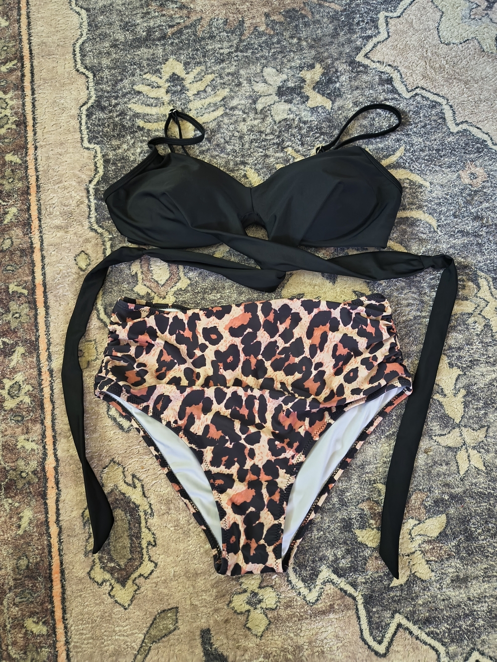 Black Bikini Top with High-Waist Leopard Print Bottoms